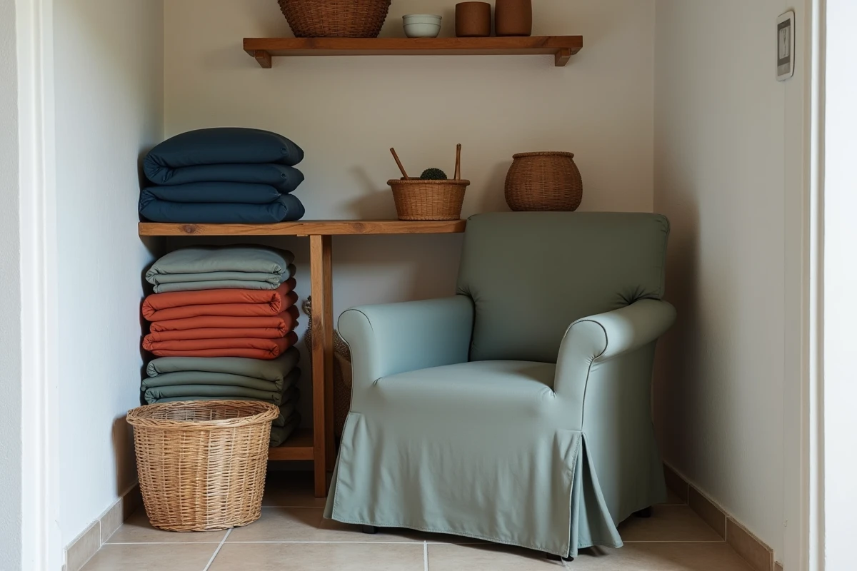 Rangement de housses de fauteuil extensibles colorées dans un coin de location saisonnière