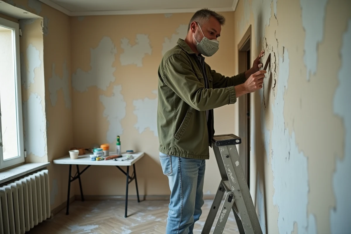 Artisan rebouchant des fissures murales avec un couteau à enduire dans un appartement en rénovation, travaux DIY pour éviter les erreurs courantes