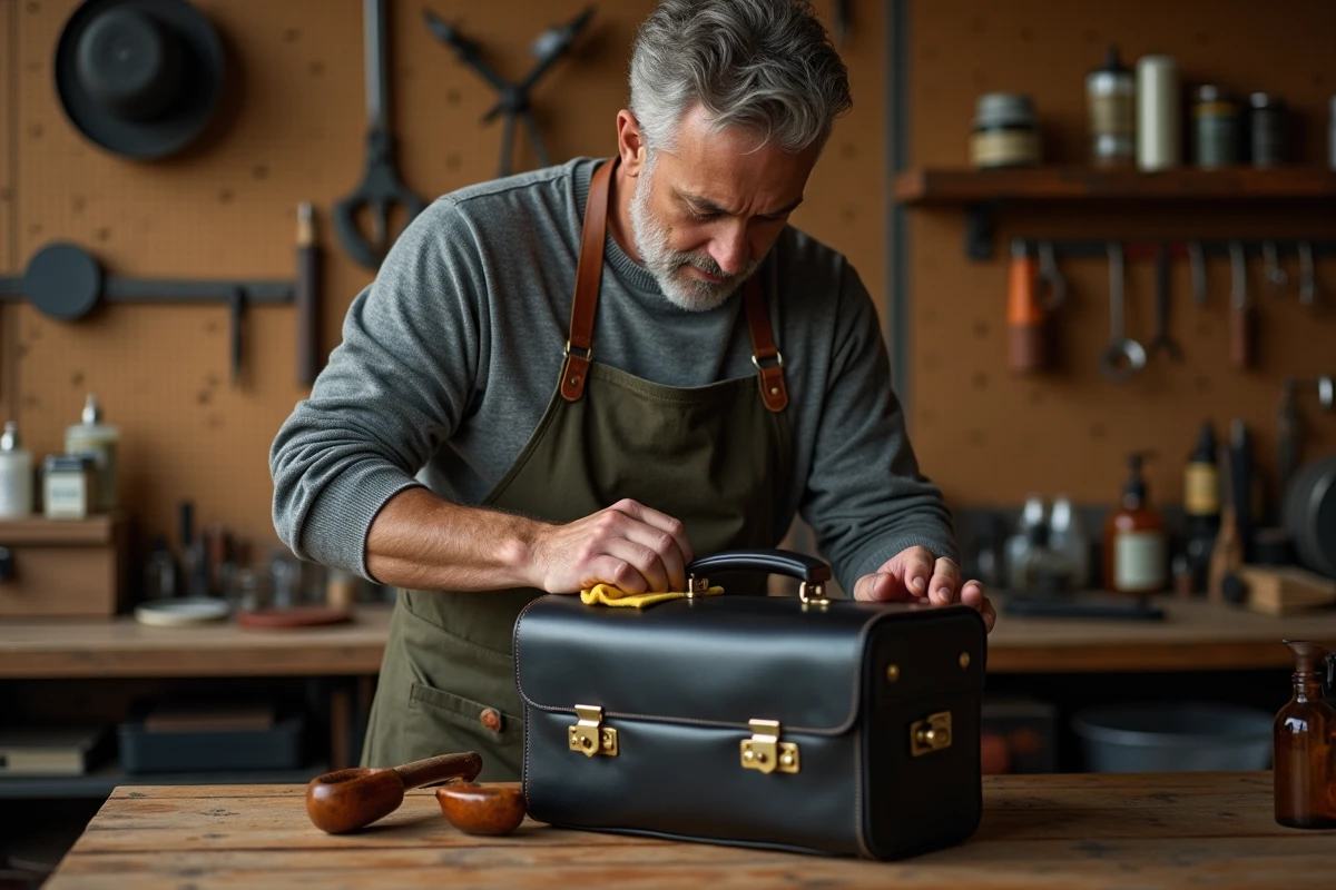Homme restaurant un porte-documents en cuir noir dans un atelier artisanal en appliquant un conditionneur avec une peau de chamois