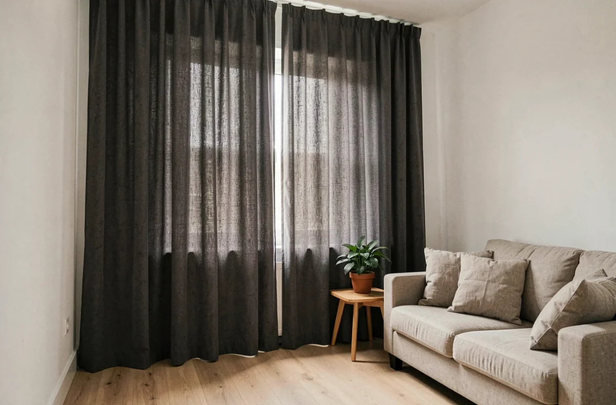 Rideaux occultants épais en gris anthracite dans un salon moderne au style scandinave, avec parquet en chêne clair et canapé en lin