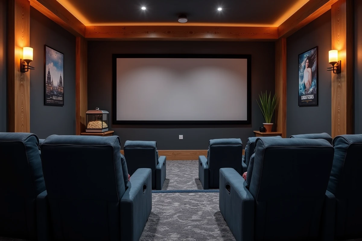 Salle de cinéma maison avec fauteuils inclinables en velours marine, écran de projection géant et panneaux acoustiques dans une maison familiale