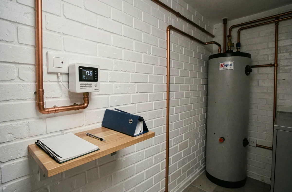 Salle technique avec thermostat de pompe à chaleur, tuyauterie cuivre et ballon d'eau chaude dans une maison de 100 m²