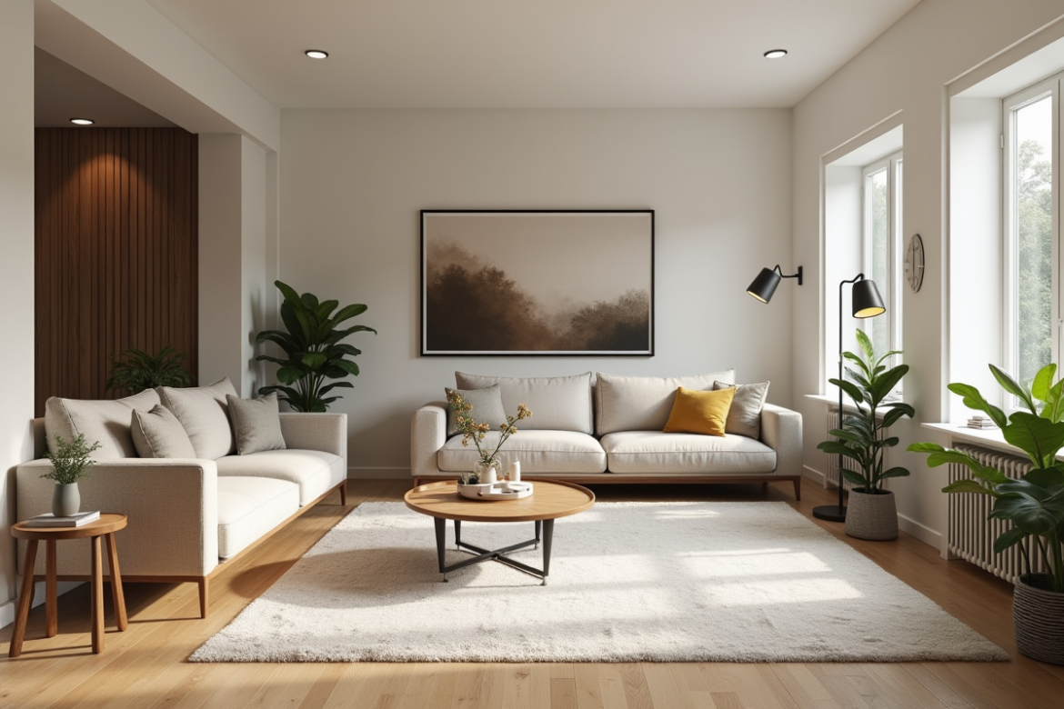 Salon moderne et renové en sous-sol lumineux et accueillant