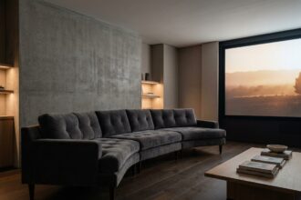 Grand canapé panoramique en velours gris anthracite dans un salon home cinéma avec écran de projection mural