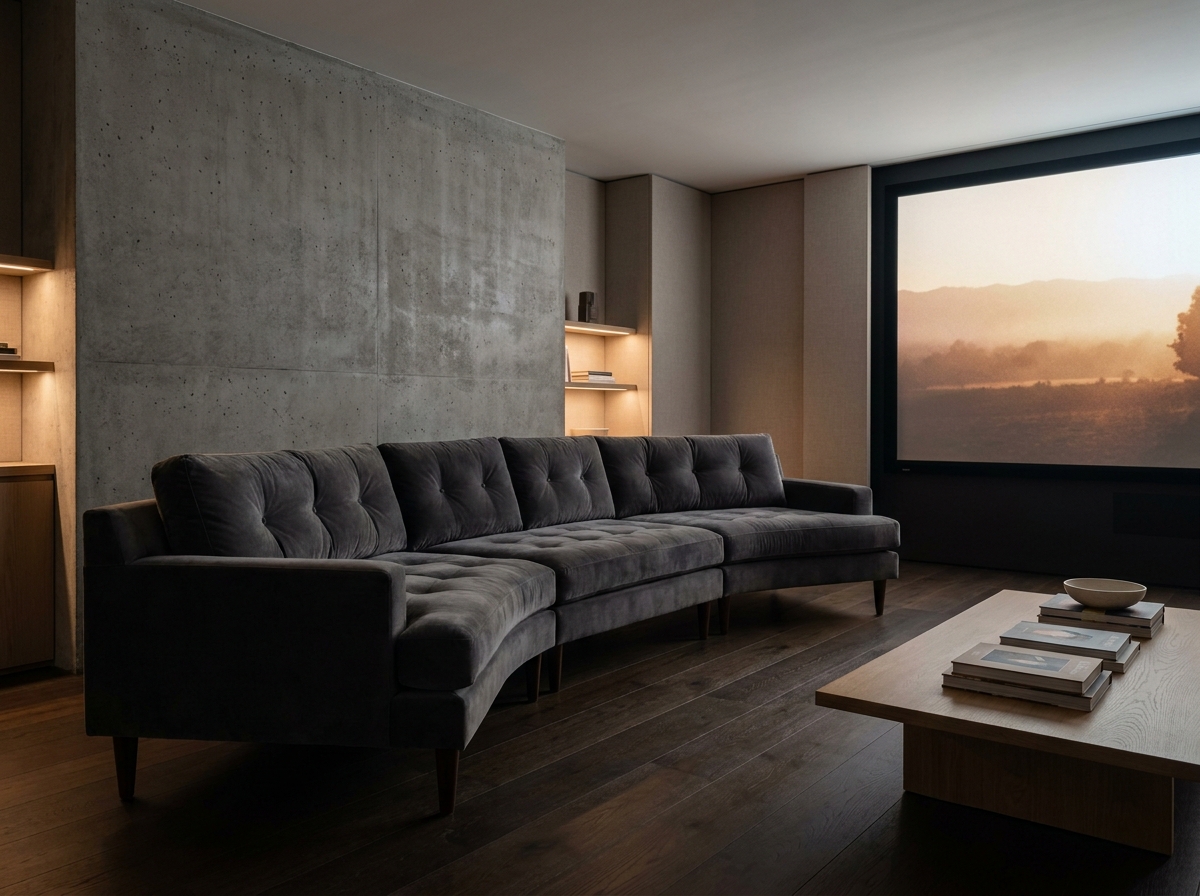 Grand canapé panoramique en velours gris anthracite dans un salon home cinéma avec écran de projection mural