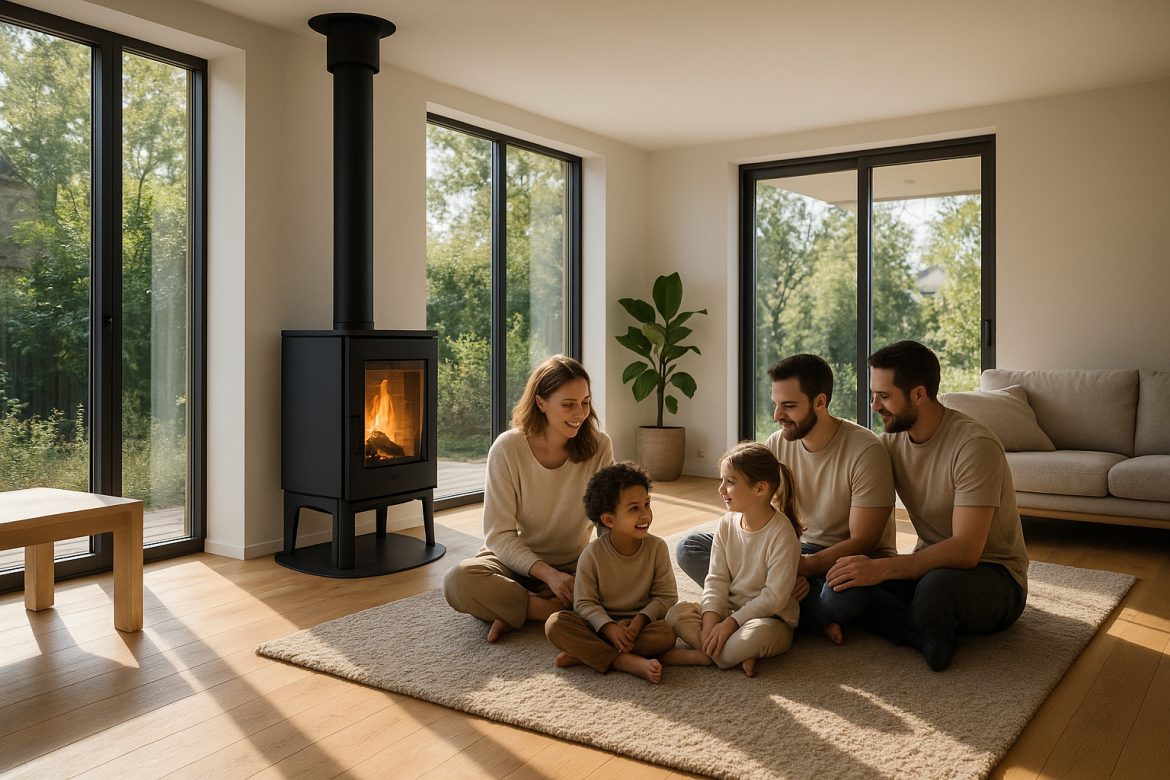 Salon moderne avec cheminée en bois noir et famille chaleureuse