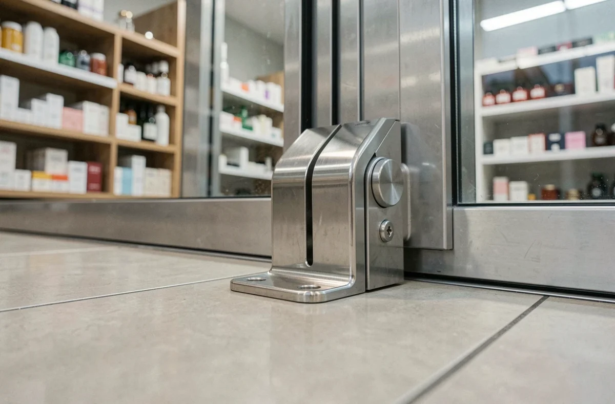 Gros plan sur une stopte de porte en inox fixée au sol d'un commerce pour sécuriser l'entrée