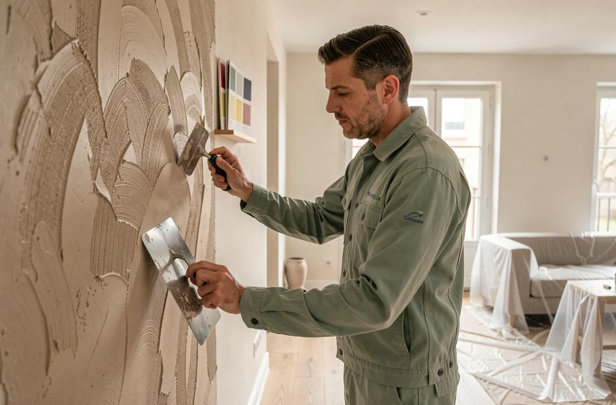 Peintre Styl'O Bat appliquant un enduit décoratif texturé dans un appartement haut de gamme à Toulouse