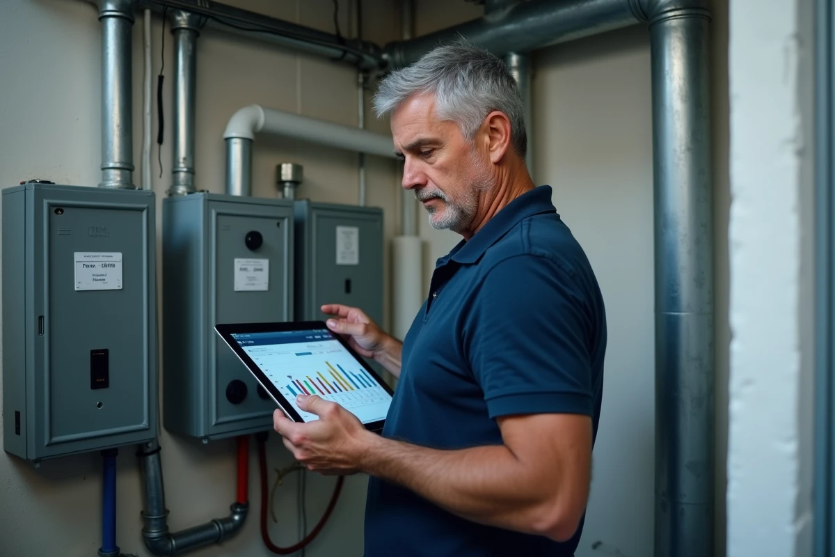 Homme vérifiant sa consommation d'électricité en kilowattheures sur une tablette devant un compteur électrique