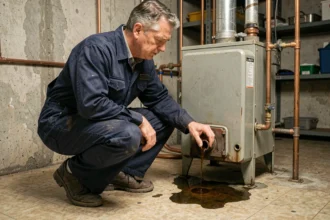 Technicien inspectant une fuite de fioul au pied d'une chaudière ancienne dans une cave résidentielle