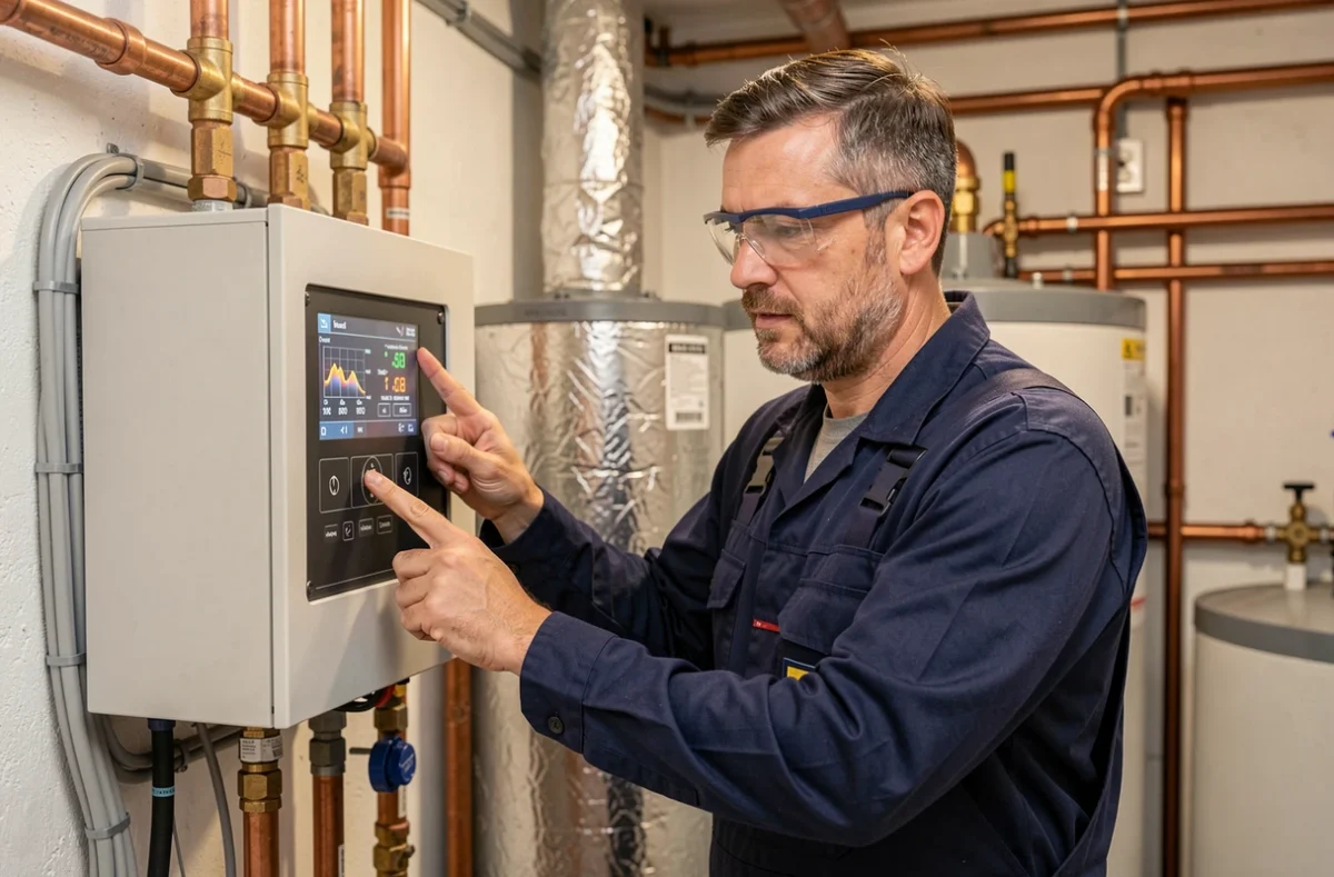 Technicien inspectant le tableau de contrôle d'une pompe à chaleur solarothermique dans une chaufferie résidentielle