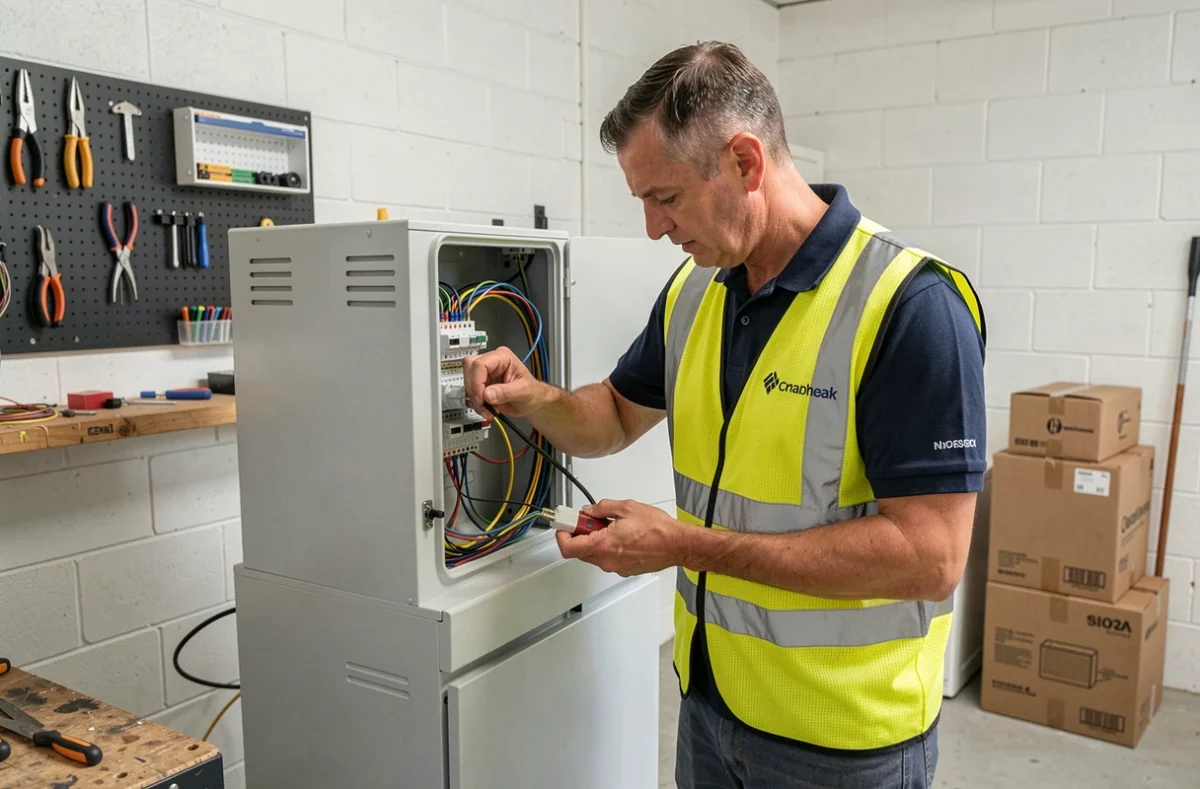 Technicien en énergie solaire installant un système de stockage par batterie dans un garage résidentiel