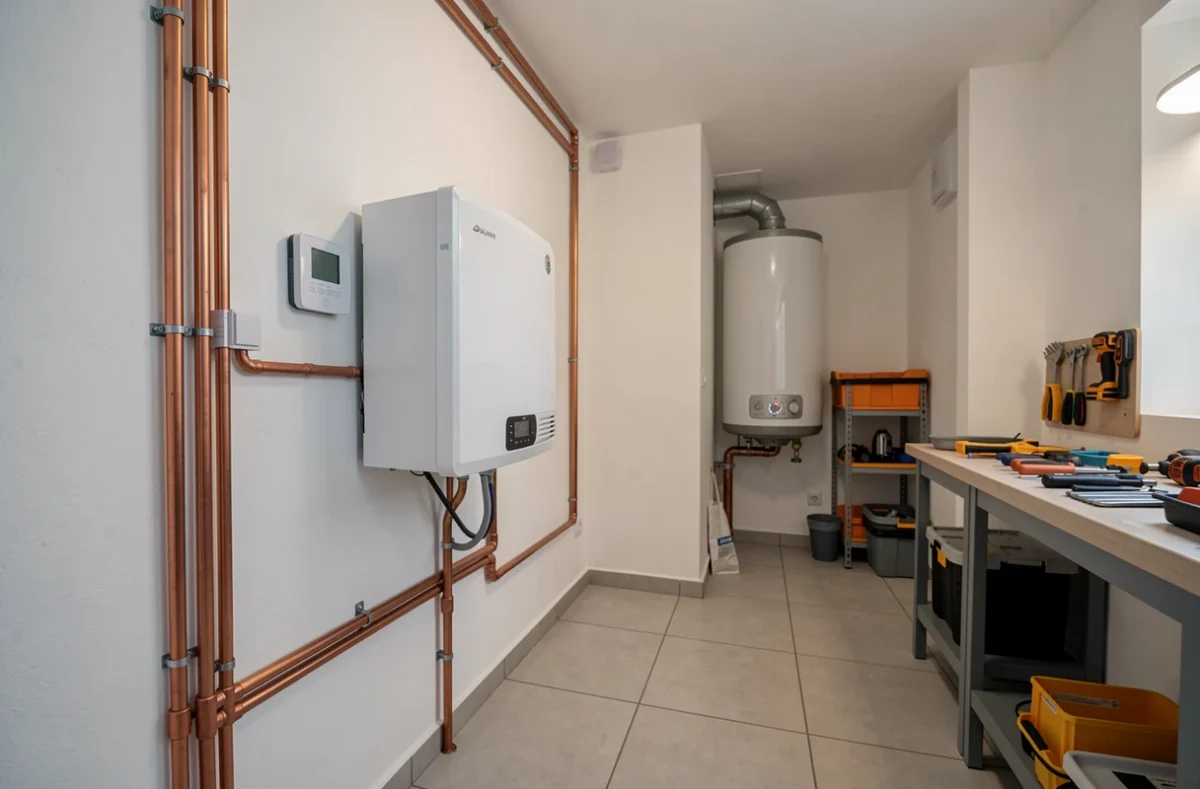 Unité intérieure de pompe à chaleur installée dans une chaufferie moderne de maison individuelle