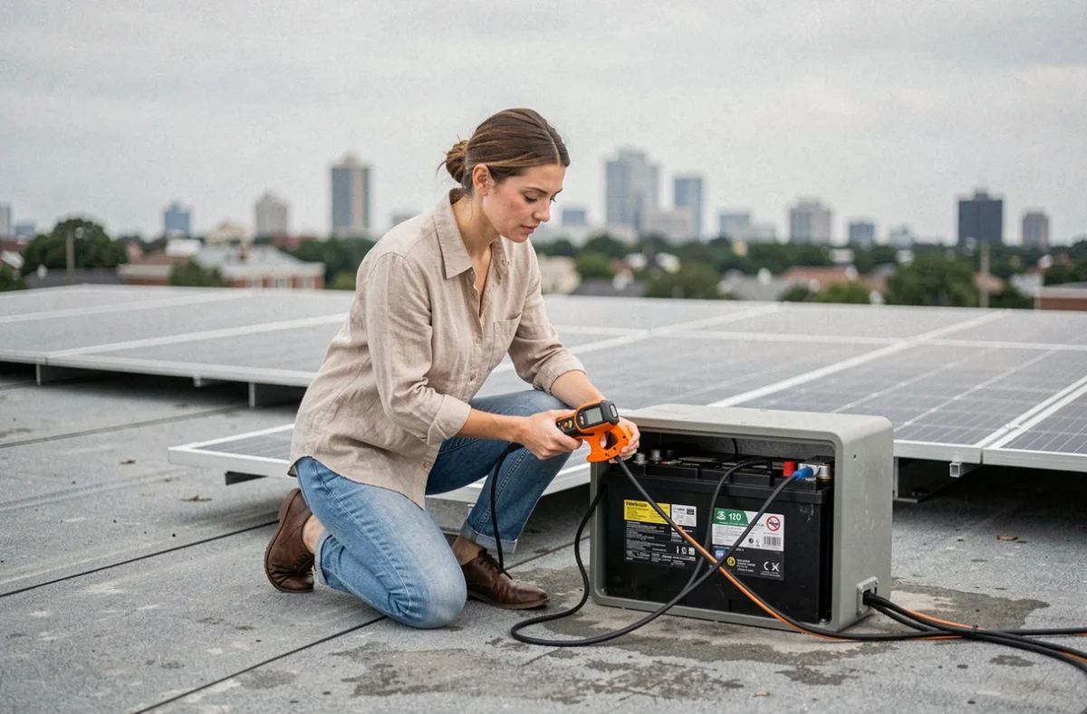 Femme vérifiant l'installation d'un panneau solaire relié à une batterie 12V sur un toit résidentiel avec un multimètre