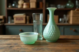 Trois pièces en verre ancien Portieux sur une table en chêne usée, montrant des imperfections typiques de fabrication du début du XXe siècle