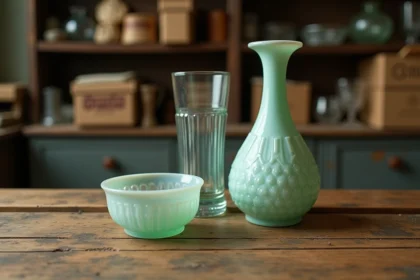 Trois pièces en verre ancien Portieux sur une table en chêne usée, montrant des imperfections typiques de fabrication du début du XXe siècle