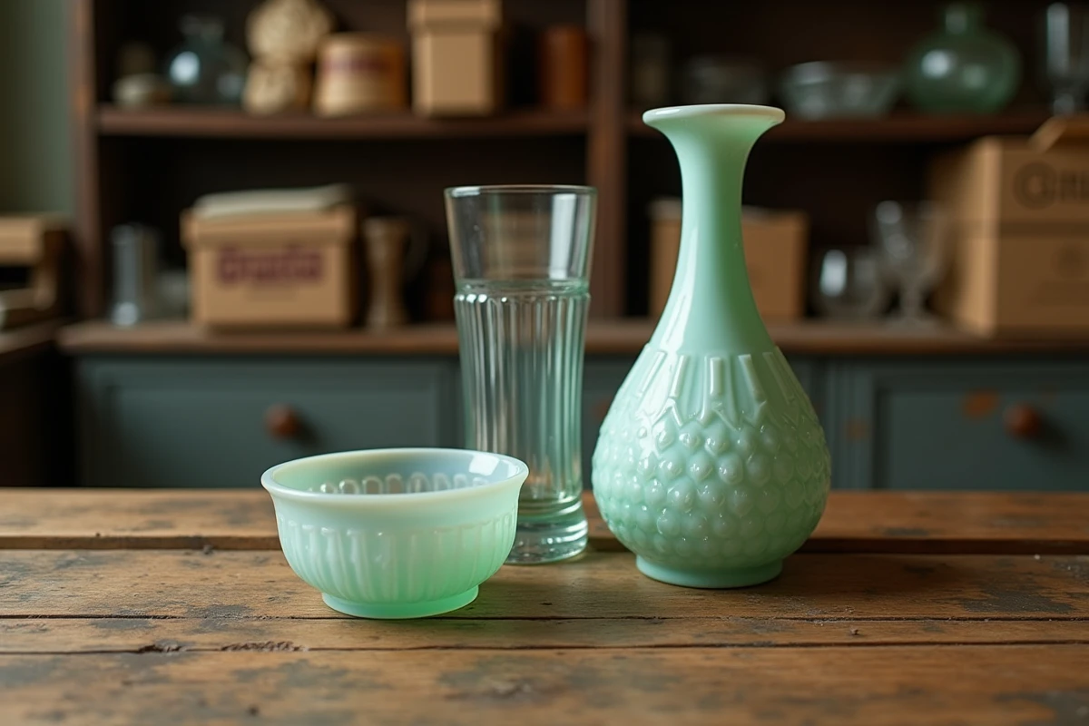 Trois pièces en verre ancien Portieux sur une table en chêne usée, montrant des imperfections typiques de fabrication du début du XXe siècle