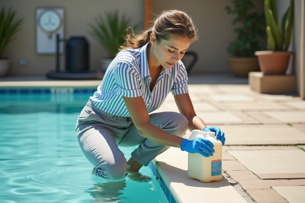 Femme versant de la javel dans une piscine lors d'un entretien courant