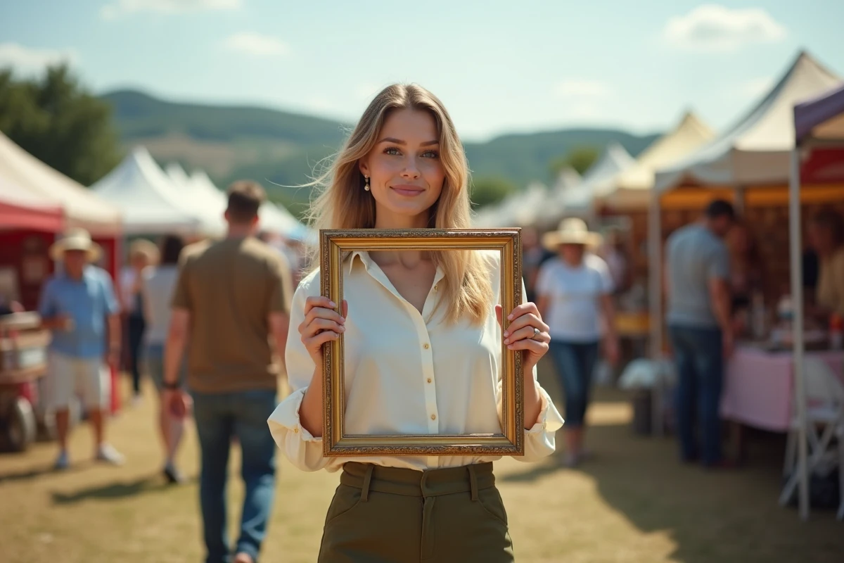 Jeune femme examinant un cadre doré ancien à un vide-grenier de l'Ain, stands de marché rural en arrière-plan