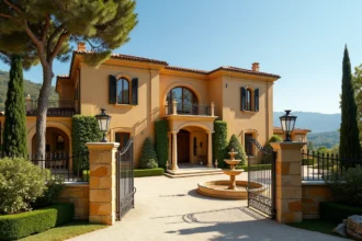 Façade d'une grande villa méditerranéenne avec jardin paysager, toiture en tuiles et portail en fer forgé dans le sud de la France