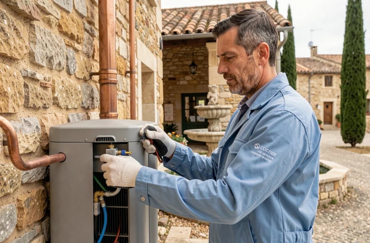 Spécialiste Vitaclim posant des lignes frigorifiques sur une ferme en pierre rénovée en Occitanie